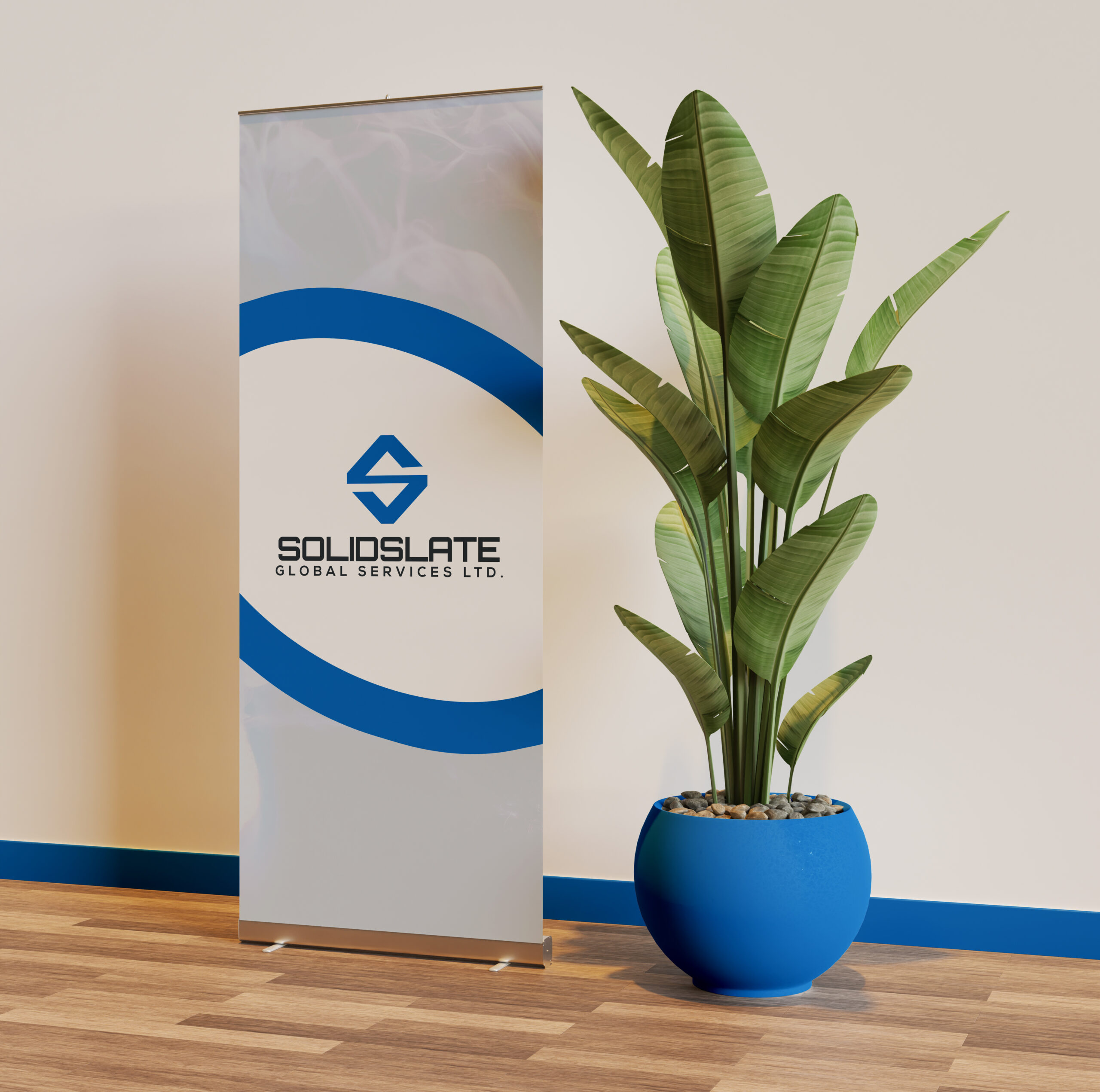 Roll up banner mockup in interior scene with a plant beside it